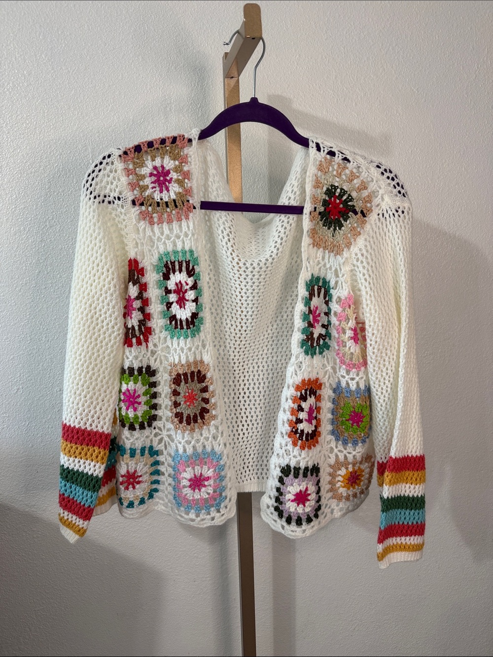 Women's Cream Open Crochet Cardigan with Multicolor Granny Squares- Small +